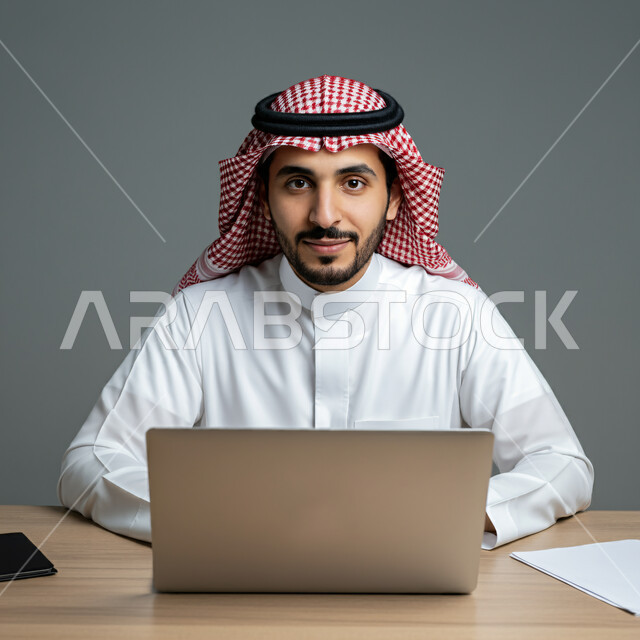 Managing and organizing business affairs through modern devices, office administrative professions and jobs, integrating work with technology and technology, close-up portrait of a Saudi Arabian Gulf businessman wearing traditional dress working on a laptop inside the office, following up and discussing plans and achieving company goals, gray background
