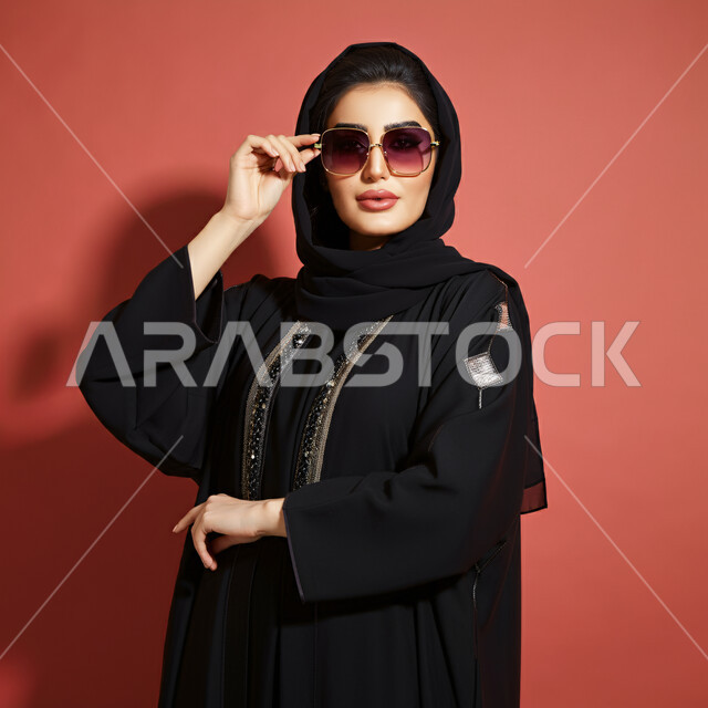 عرض تصاميم موديلات عباءات نسائية معاصرة، بورتريه لعارضة أزياء عربية سعودية خليجية مبتسمة ترتدي الحجاب والعباءة والنظارات الشمسية تنظر إلى الكاميرا بإيماءات تدل على الأنوثة والجمال، مفهوم الموضة والأناقة، متابعة الأزياء الراقية، خلفية بنية