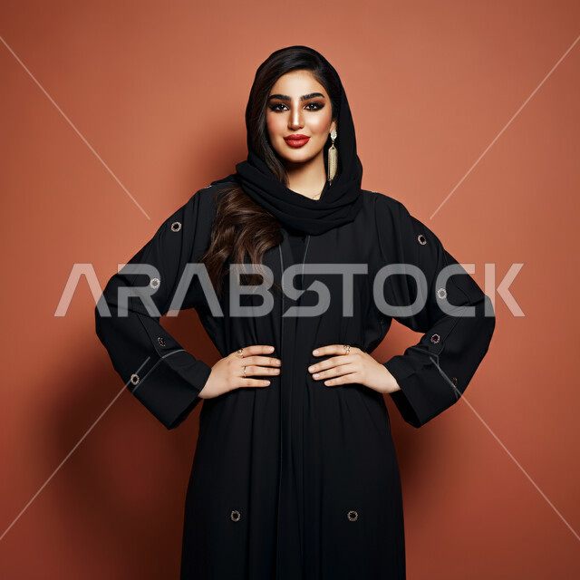 Displaying contemporary women's abaya designs, portrait of a smiling Saudi Arabian Gulf model wearing hijab and abaya, putting her hands on her waist, looking at the camera with gestures indicating femininity and beauty, concept of fashion and elegance, following haute couture, brown background