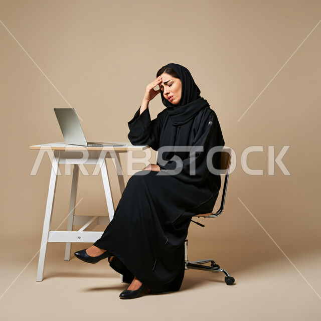 استخدام التقنيات الحديثة والمتطورة، بورتريه لامرأة عربية خليجية سعودية ترتدي الحجاب والعباءة تجلس على الكرسي أمام الحاسوب المحمول تضع يدها على رأسها بإيماءات التعب والإرهاق، إدارة شؤون الأعمال وتنظيمها، الجد والاجتهاد في العمل، خلفية بيج 