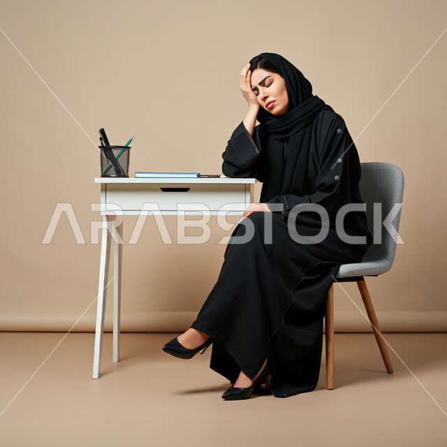 استخدام التقنيات الحديثة والمتطورة، بورتريه لامرأة عربية خليجية سعودية ترتدي الحجاب والعباءة تجلس على الكرسي أمام الحاسوب المحمول تضع يدها على رأسها بإيماءات التعب والإرهاق، إدارة شؤون الأعمال وتنظيمها، الجد والاجتهاد في العمل، خلفية بيج 