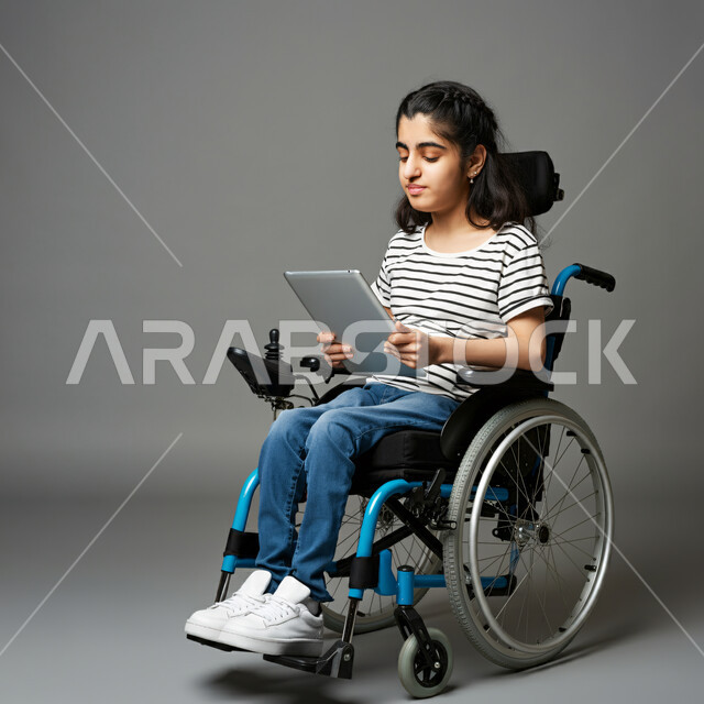 دمج التكنولوجيا والأجهزة التقنية الحديثة بالحياة اليومية، بورتريه لفتاة صغيرة عربية خليجية سعودية من ذوي الاحتياجات الخاصة ترتدي الزي الكاجوال تجلس على كرسي متحرك تمسك الجهاز اللوحي المحمول بيدها تقوم بتصفح مواقع وتطبيقات الإنترنت، خلفية رمادية