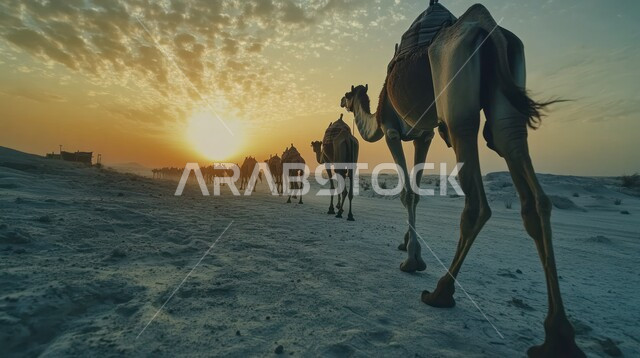 تربية الجمال في محمية طبيعية بالمناطق الصحراوية، ناقة من الابل تسير على الرمال الذهبية الناعمة في الصحراء في وقت غروب الشمس، الاهتمام برعاية الحيوانات البرية في البادية، تشكل التلال والكثبان الرملية في صحاري المملكة العربية السعودية