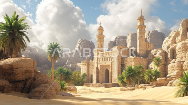القصور والقلاع التراثية التاريخية، رسم ثلاثي الأبعاد لقلعة حجرية في الصحراء، الفن الهندسي المعماري على الطراز العربي الإسلامي القديم، معالم أثرية سياحية في المملكة العربية السعودية