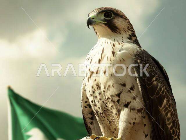 رمز القوة والتحدي وحدة البصر، الاهتمام بترويض و رعاية الطيور الجارحة والمفترسة في المملكة العربية السعودية، الفخر بالتراث السعودي العريق، صورة مقربة لطائر الصقر في إحدى المحميات الطبيعية
