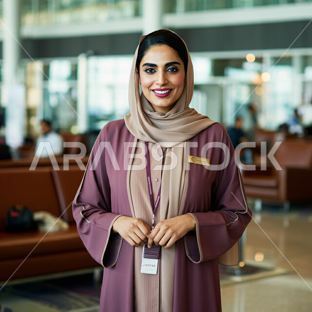 تقديم الخدمات للركاب المسافرين، مضيفة طيران عربية خليجية قطرية ترتدي الحجاب والعباءة تقف باستقامة في صالة الانتظار في المطار تنظر إلى الكاميرا بإيماءات السعادة والسرور، الاستقبال والترحيب بالركاب، أفراد طاقم الطائرة، الخطوط الجوية القطرية