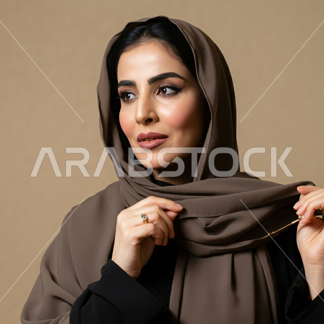 مفهوم الأنوثة والنعومة والاهتمام بالمظهر الخارجي، بورتريه مقرب لسيدة عربية خليجية سعودية ترتدي العباءة والحجاب تنظر إلى شيء ما بإيماءات التركيز، العناية بالجمال والشياكة، حجابات عصرية راقية، خلفية بيج