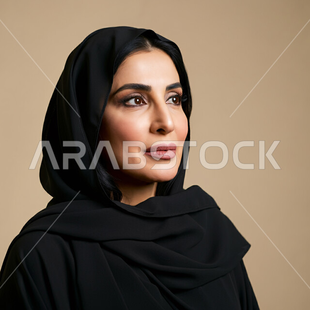 مفهوم الأنوثة والنعومة والاهتمام بالمظهر الخارجي، بورتريه مقرب لسيدة عربية خليجية سعودية ترتدي العباءة والحجاب تنظر إلى شيء ما بإيماءات التركيز، العناية بالجمال والشياكة، حجابات عصرية راقية، خلفية بيج