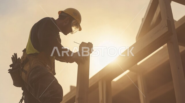 الإعمار بسواعد أبناء الوطن، متابعة الأعمال الهندسية, مفهوم الهندسة الإنشائية و المعمارية, مهندس عربي خليجي سعودي يرتدي سترة و خوذة الحماية يقف في موقع البناء و يشرف على العمل, القطاع الهندسي في السعودية