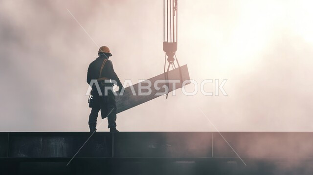 مفهوم الهندسة الإنشائية و المعمارية, الإعمار بسواعد أبناء الوطن, متابعة الأعمال الهندسية, صورة من الخلف لمهندس عربي خليجي سعودي يرتدي سترة و خوذة الحماية يقف في موقع البناء و يشرف على العمل, القطاع الهندسي في السعودية