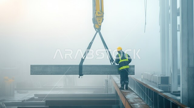 الإعمار بسواعد أبناء الوطن، متابعة الأعمال الهندسية, مفهوم الهندسة الإنشائية و المعمارية, صورة من الخلف لمهندس عربي خليجي سعودي يرتدي سترة و خوذة الحماية يقف في موقع البناء و يشرف على العمل, القطاع الهندسي في السعودية