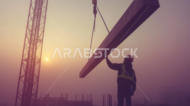 متابعة الأعمال الهندسية, مفهوم الهندسة الإنشائية و المعمارية, الإعمار بسواعد أبناء الوطن, صورة من الخلف لمهندس عربي خليجي سعودي يرتدي سترة و خوذة الحماية يقف في موقع البناء و يشرف على العمل, القطاع الهندسي في السعودية