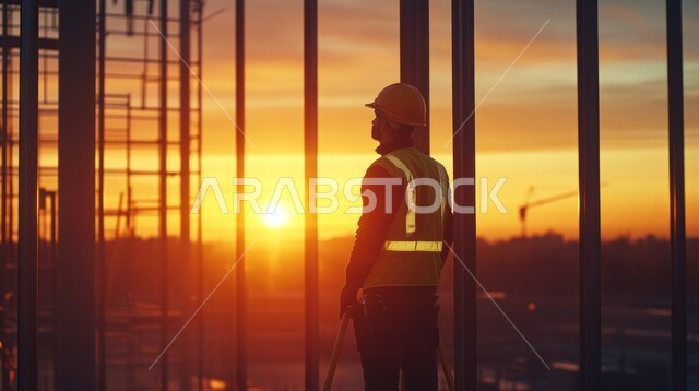 متابعة الأعمال الهندسية, مفهوم الهندسة الإنشائية و المعمارية, الإعمار بسواعد أبناء الوطن, صورة من الخلف لمهندس عربي خليجي سعودي يرتدي سترة و خوذة الحماية يقف في موقع البناء و يشرف على العمل, القطاع الهندسي في السعودية