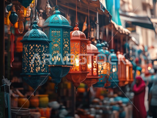 Ramadan atmosphere in the Kingdom of Saudi Arabia, illuminated decorative metal lanterns hanging in the popular market, Ramadan decorations and ornaments, celebrating the arrival of the month of goodness, traditional popular lamps