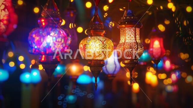 الاحتفال بقدوم شهر الخير والبركة، الفن الإسلامي للتحف والديكورات والاكسسوارات الرمضانية، زينة الأعياد والمناسبات الدينية، الاستعداد لقدوم رمضان المبارك ، الفوانيس المعدنية الملونة المضيئة والمعلقة تحوي تصاميم وزخارف إسلامية