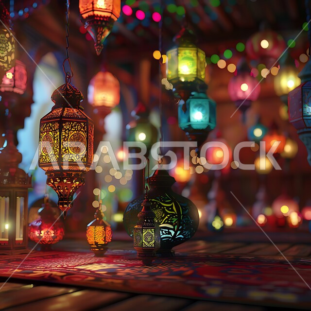 الاحتفال بقدوم شهر الخير والبركة، الفن الإسلامي للتحف والديكورات والاكسسوارات الرمضانية، زينة الأعياد والمناسبات الدينية، الاستعداد لقدوم رمضان المبارك ، الفوانيس المعدنية الملونة المضيئة والمعلقة تحوي تصاميم وزخارف إسلامية