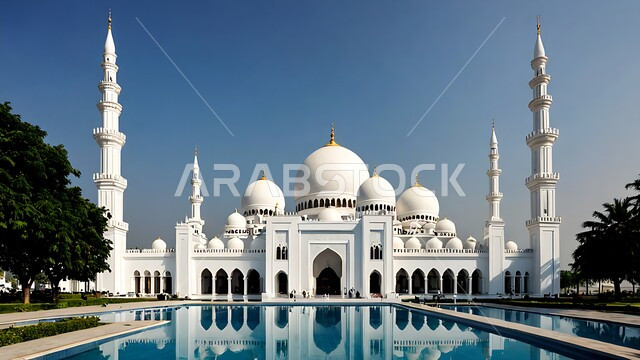 Worship, obedience and getting closer to God, the architectural art of building mosques in the Kingdom of Saudi Arabia, Islamic decorations and designs, minarets and domes built in the ancient style, the reflection of the mosque on the clear water, interest in planting plants and green palm trees