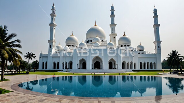 العبادة والطاعة والتقرب الى الله، الفن الهندسي المعماري لبناء المساجد في المملكة العربية السعودية، الديكورات والتصاميم الإسلامية، المآذن والقبب المبنية على الطراز العريق، انعكاس المسجد على المياه الصافية، الاهتمام بزراعة النباتات وأشجار النخيل الخضراء