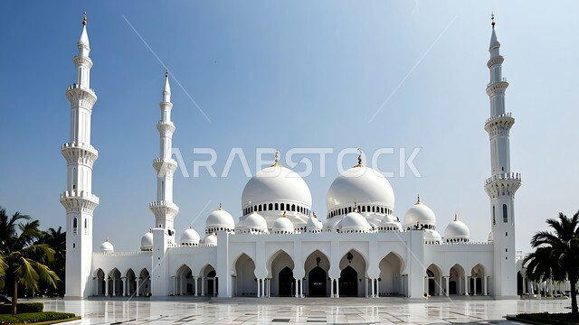 Islamic decorations and designs, interest in planting plants and green palm trees, architectural engineering art of building mosques in the Kingdom of Saudi Arabia, worship, obedience and drawing closer to God, minarets and domes built in the ancient style