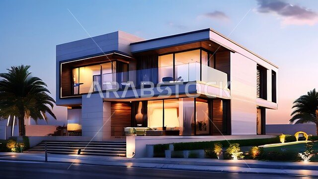 الفن الهندسي المعماري بواجهات زجاجية ضخمة, ديكورات وتصاميم خارجية عصرية متميزة على الطراز الحديث, النمو والتقدم العمراني للمباني المضيئة ليلا, الاهتمام بزراعة الأشجار والنباتات الخضراء، المنتجعات والمجمعات السكنية الراقية في المملكة العربية السعودية