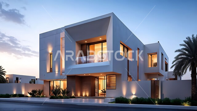 الفن الهندسي المعماري بواجهات زجاجية ضخمة, ديكورات وتصاميم خارجية عصرية متميزة على الطراز الحديث, النمو والتقدم العمراني للمباني المضيئة ليلا, الاهتمام بزراعة الأشجار والنباتات الخضراء، المنتجعات والمجمعات السكنية الراقية في المملكة العربية السعودية