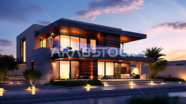 الفن الهندسي المعماري بواجهات زجاجية ضخمة, ديكورات وتصاميم خارجية عصرية متميزة على الطراز الحديث, النمو والتقدم العمراني للمباني المضيئة ليلا, الاهتمام بزراعة الأشجار والنباتات الخضراء، المنتجعات والمجمعات السكنية الراقية في المملكة العربية السعودية