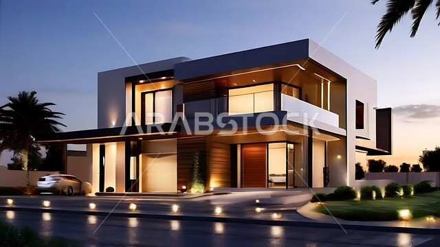 الفن الهندسي المعماري بواجهات زجاجية ضخمة, ديكورات وتصاميم خارجية عصرية متميزة على الطراز الحديث, النمو والتقدم العمراني للمباني المضيئة ليلا, الاهتمام بزراعة الأشجار والنباتات الخضراء، المنتجعات والمجمعات السكنية الراقية في المملكة العربية السعودية