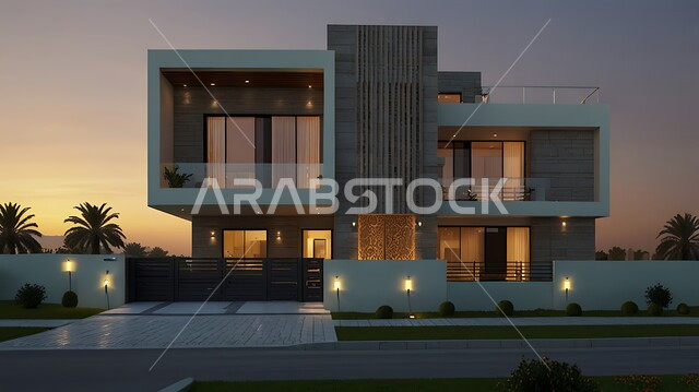 الفن الهندسي المعماري بواجهات زجاجية ضخمة, ديكورات وتصاميم خارجية عصرية متميزة على الطراز الحديث, النمو والتقدم العمراني للمباني المضيئة ليلا, الاهتمام بزراعة الأشجار والنباتات الخضراء، المنتجعات والمجمعات السكنية الراقية في المملكة العربية السعودية