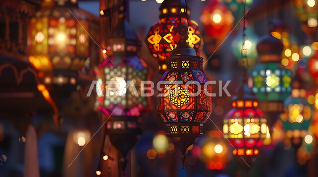 العادات والتقاليد العربية في زينة الأعياد والمناسبات الدينية، التصاميم التقليدية للفوانيس المعدنية الملونة والمزخرفة، أضواء وتحف وزخارف اسلامية، الاستعداد لقدوم شهر رمضان المبارك، أجواء روحانية رمضانية، البهجة بقدوم شهر الخير والبركة