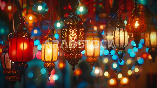 العادات والتقاليد العربية في زينة الأعياد والمناسبات الدينية، التصاميم التقليدية للفوانيس المعدنية الملونة والمزخرفة، أضواء وتحف وزخارف اسلامية، الاستعداد لقدوم شهر رمضان المبارك، أجواء روحانية رمضانية، البهجة بقدوم شهر الخير والبركة