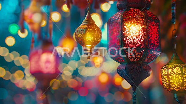 Arab customs and traditions in decorating holidays and religious occasions, traditional designs of colorful and decorated metal lanterns, Islamic lights, antiques and decorations, preparing for the coming of the holy month of Ramadan, Ramadan spiritual atmosphere, joy at the coming of the month of goodness and blessings