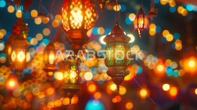 العادات والتقاليد العربية في زينة الأعياد والمناسبات الدينية، التصاميم التقليدية للفوانيس المعدنية الملونة والمزخرفة، أضواء وتحف وزخارف اسلامية، الاستعداد لقدوم شهر رمضان المبارك، أجواء روحانية رمضانية، البهجة بقدوم شهر الخير والبركة