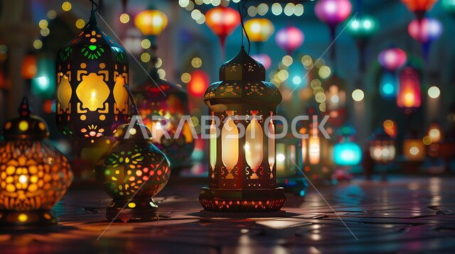 ديكورات وزينة رمضان المبارك ،  فوانيس معدنية مضيئة ملونة تحوي تصاميم وزخارف إسلامية، الاحتفال بقدوم شهر الخير والبركة، الفن الإسلامي للتحف والاكسسوارات الرمضانية، زينة الأعياد والمناسبات الدينية، أجواء روحانية رمضانية