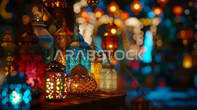ديكورات وزينة رمضان المبارك ،  فوانيس معدنية مضيئة ملونة تحوي تصاميم وزخارف إسلامية، الاحتفال بقدوم شهر الخير والبركة، الفن الإسلامي للتحف والاكسسوارات الرمضانية، زينة الأعياد والمناسبات الدينية، أجواء روحانية رمضانية