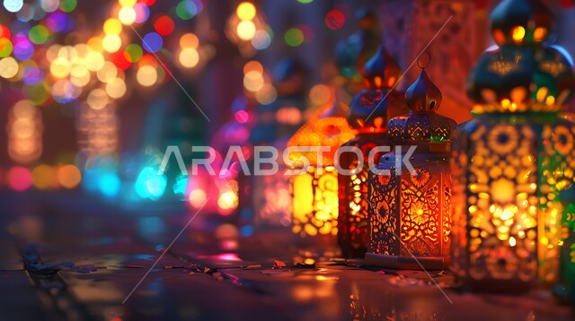 ديكورات وزينة رمضان المبارك ،  فوانيس معدنية مضيئة ملونة تحوي تصاميم وزخارف إسلامية، الاحتفال بقدوم شهر الخير والبركة، الفن الإسلامي للتحف والاكسسوارات الرمضانية، زينة الأعياد والمناسبات الدينية، أجواء روحانية رمضانية