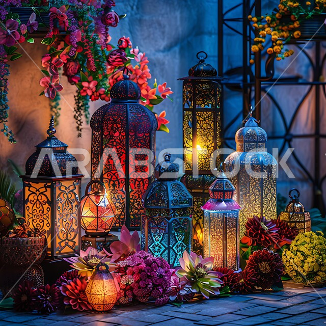 فوانيس معدنية مضيئة تحوي تصاميم وزخارف إسلامية، الورود والأزهاء الملونة، الاحتفال بقدوم شهر الخير والبركة، الفن الإسلامي للتحف والاكسسوارات الرمضانية، ديكورات وزينة رمضان المبارك ، زينة الأعياد والمناسبات الدينية، أجواء روحانية رمضانية