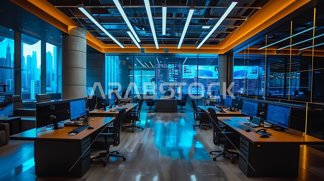 تصميم عصري حديث لمكاتب الشركات السعودية، غرف مكتبية بتصاميم داخلية وديكورات راقية ،أثاث واكسسوارات ومعدات فاخرة ،  مكتب بواجهة زجاجية مطلة على الأبراج وناطحات السحاب الشاهقة، قاعات العمل والاجتماع مع العملاء