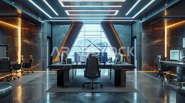 Modern designs for corporate offices in Saudi Arabia, luxurious modern decorations, elegant interior design, office with high-end modern style decoration, office equipment with comfortable office furniture, windows and glass facades