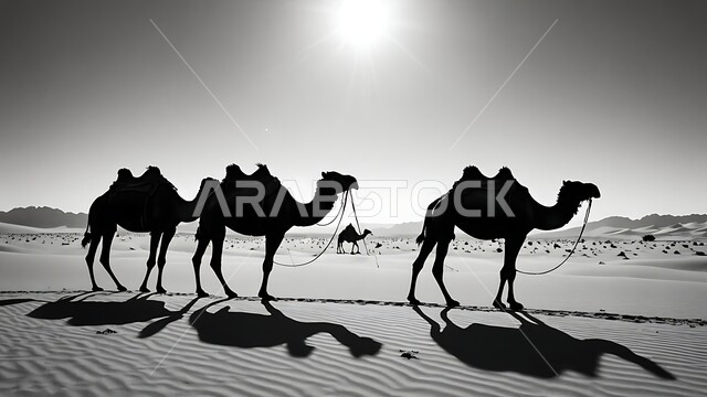 وسائل النقل القديمة, العناية و الاهتمام بالثدييات والمواشي و النوق في صحاري المملكة العربية السعودية، المحميات الطبيعية لتربية حيوان الابل، صورة ظلية لقافلة من الجمال تسير في المناطق الصحراوية، مفهوم الأصالة والعراقة, التضاريس و المناظر الطبيعيه، سيلوليت
