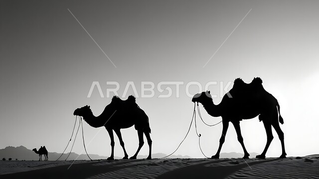 وسائل النقل القديمة, العناية و الاهتمام بالثدييات والمواشي و النوق في صحاري المملكة العربية السعودية، المحميات الطبيعية لتربية حيوان الابل، صورة ظلية لقافلة من الجمال تسير في المناطق الصحراوية، مفهوم الأصالة والعراقة, التضاريس و المناظر الطبيعيه، سيلوليت