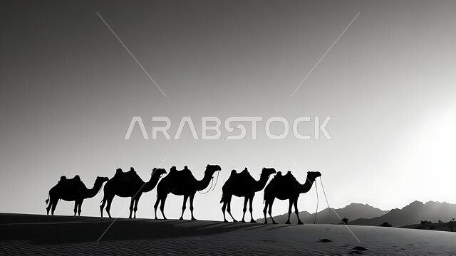 المحميات الطبيعية لتربية حيوان الابل، وسائل النقل القديمة, العناية و الاهتمام بالثدييات والمواشي و النوق في صحاري المملكة العربية السعودية، صورة ظلية لقافلة من الجمال تسير في المناطق الصحراوية، مفهوم الأصالة والعراقة, التضاريس و المناظر الطبيعيه، سيلوليت