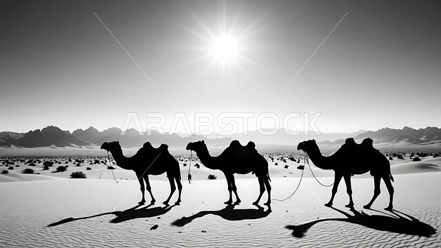 Natural reserves for camel breeding, ancient means of transportation, care and attention to mammals, livestock and camels in the deserts of the Kingdom of Saudi Arabia, silhouette of a caravan of camels walking in desert areas, the concept of authenticity and antiquity, terrain and natural landscapes, cellulite