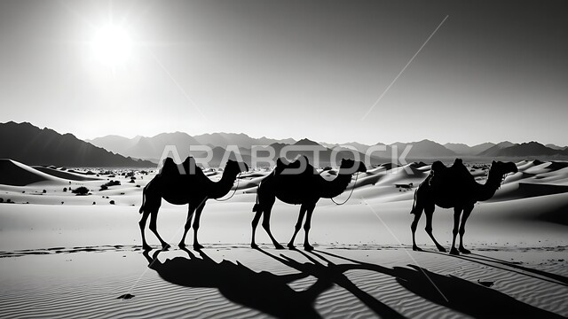 المحميات الطبيعية لتربية حيوان الابل، وسائل النقل القديمة, العناية و الاهتمام بالثدييات والمواشي و النوق في صحاري المملكة العربية السعودية، صورة ظلية لقافلة من الجمال تسير في المناطق الصحراوية، مفهوم الأصالة والعراقة, التضاريس و المناظر الطبيعيه، سيلوليت