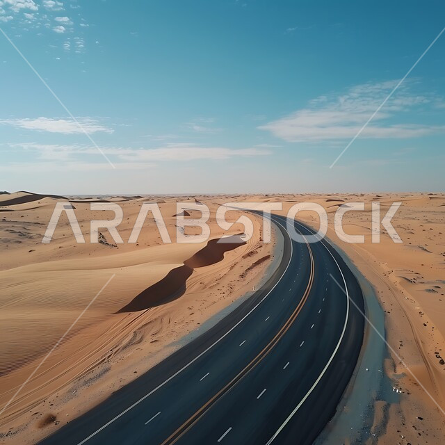 تسهيل التنقلات بين المناطق البرية والمدن، التطور والنمو العمراني في صحاري المملكة العربية السعودية, شارع معبد لمرور السيارات وتسريع حركة المسافرين, طريق اسفلتي ممتد على طول الصحراء, التلال والكثبان الرملية على أطراف الشارع في المناطق الصحراوية