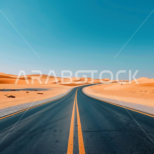 تسهيل التنقلات بين المناطق البرية والمدن، التطور والنمو العمراني في صحاري المملكة العربية السعودية, شارع معبد لمرور السيارات وتسريع حركة المسافرين, طريق اسفلتي ممتد على طول الصحراء, التلال والكثبان الرملية على أطراف الشارع في المناطق الصحراوية