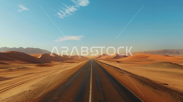 تسهيل التنقلات بين المناطق البرية والمدن، التطور والنمو العمراني في صحاري المملكة العربية السعودية, شارع معبد لمرور السيارات وتسريع حركة المسافرين, طريق اسفلتي ممتد على طول الصحراء, التلال والكثبان الرملية على أطراف الشارع في المناطق الصحراوية