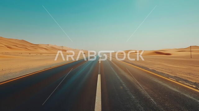 تسهيل التنقلات بين المناطق البرية والمدن، التطور والنمو العمراني في صحاري المملكة العربية السعودية, شارع معبد لمرور السيارات وتسريع حركة المسافرين, طريق اسفلتي ممتد على طول الصحراء, التلال والكثبان الرملية على أطراف الشارع في المناطق الصحراوية