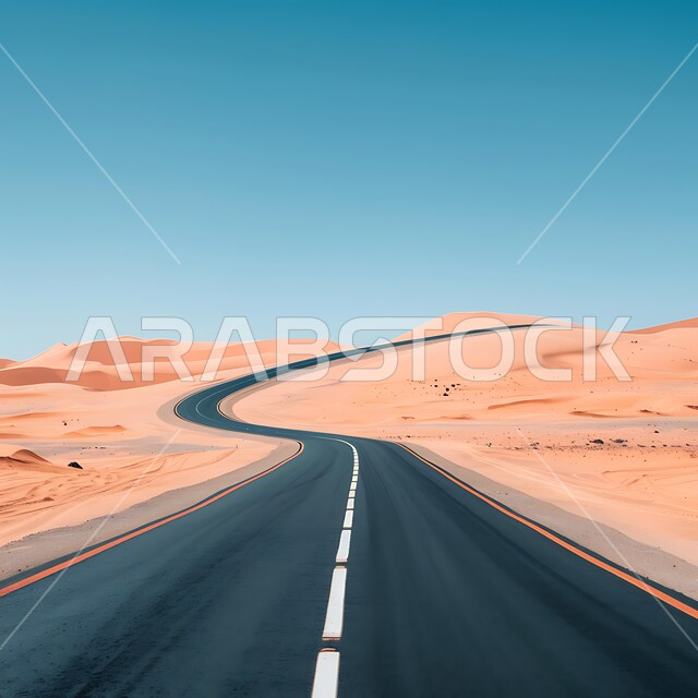 طريق اسفلتي ممتد على طول الصحراء, التلال والكثبان الرملية على أطراف الشارع في المناطق الصحراوية، تسهيل التنقلات بين المناطق البرية والمدن، التطور والنمو العمراني في صحاري المملكة العربية السعودية, شارع معبد لمرور السيارات وتسريع حركة المسافرين