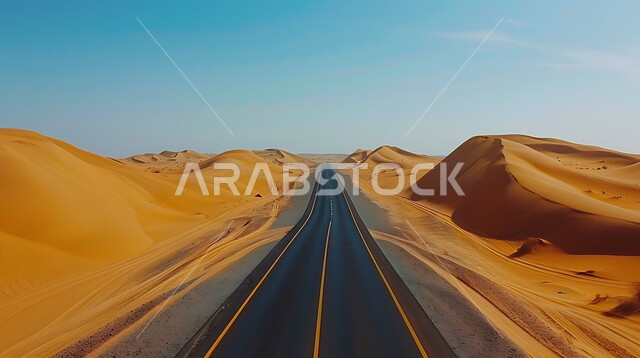 طريق اسفلتي ممتد على طول الصحراء, التلال والكثبان الرملية على أطراف الشارع في المناطق الصحراوية، تسهيل التنقلات بين المناطق البرية والمدن، التطور والنمو العمراني في صحاري المملكة العربية السعودية, شارع معبد لمرور السيارات وتسريع حركة المسافرين