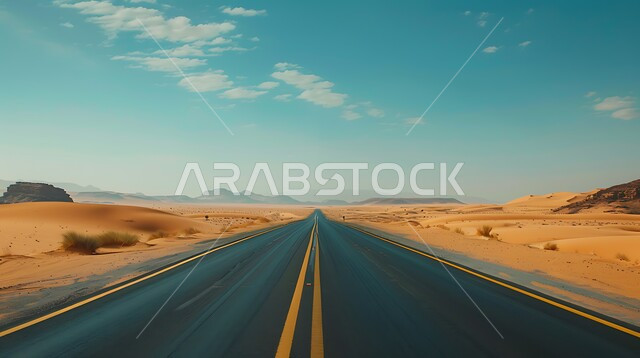 طريق اسفلتي ممتد على طول الصحراء, التلال والكثبان الرملية على أطراف الشارع في المناطق الصحراوية، تسهيل التنقلات بين المناطق البرية والمدن، التطور والنمو العمراني في صحاري المملكة العربية السعودية, شارع معبد لمرور السيارات وتسريع حركة المسافرين